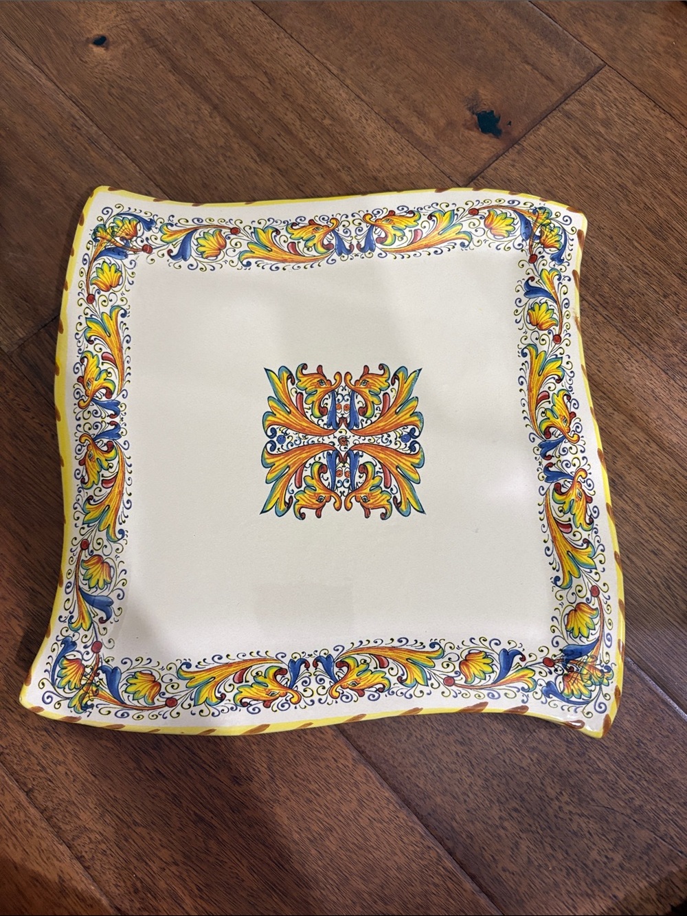 Ceramic Square Serving Platter in White with Yellow and Blue Scroll Motif